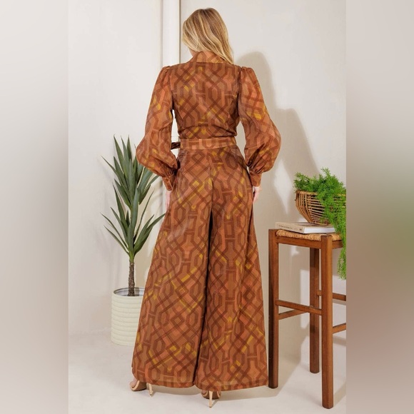 NWT Boutique Elara Brown Wide-Leg Surplice Jumpsuit - Picture 5 of 8
